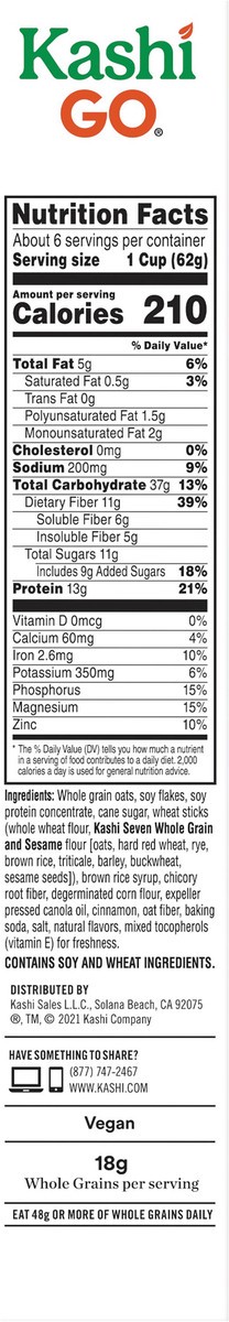 slide 4 of 8, Kashi GO Cold Breakfast Cereal, Vegan Protein, Fiber Cereal, Cinnamon Crisp, 14oz Box, 1 Box, 14 oz