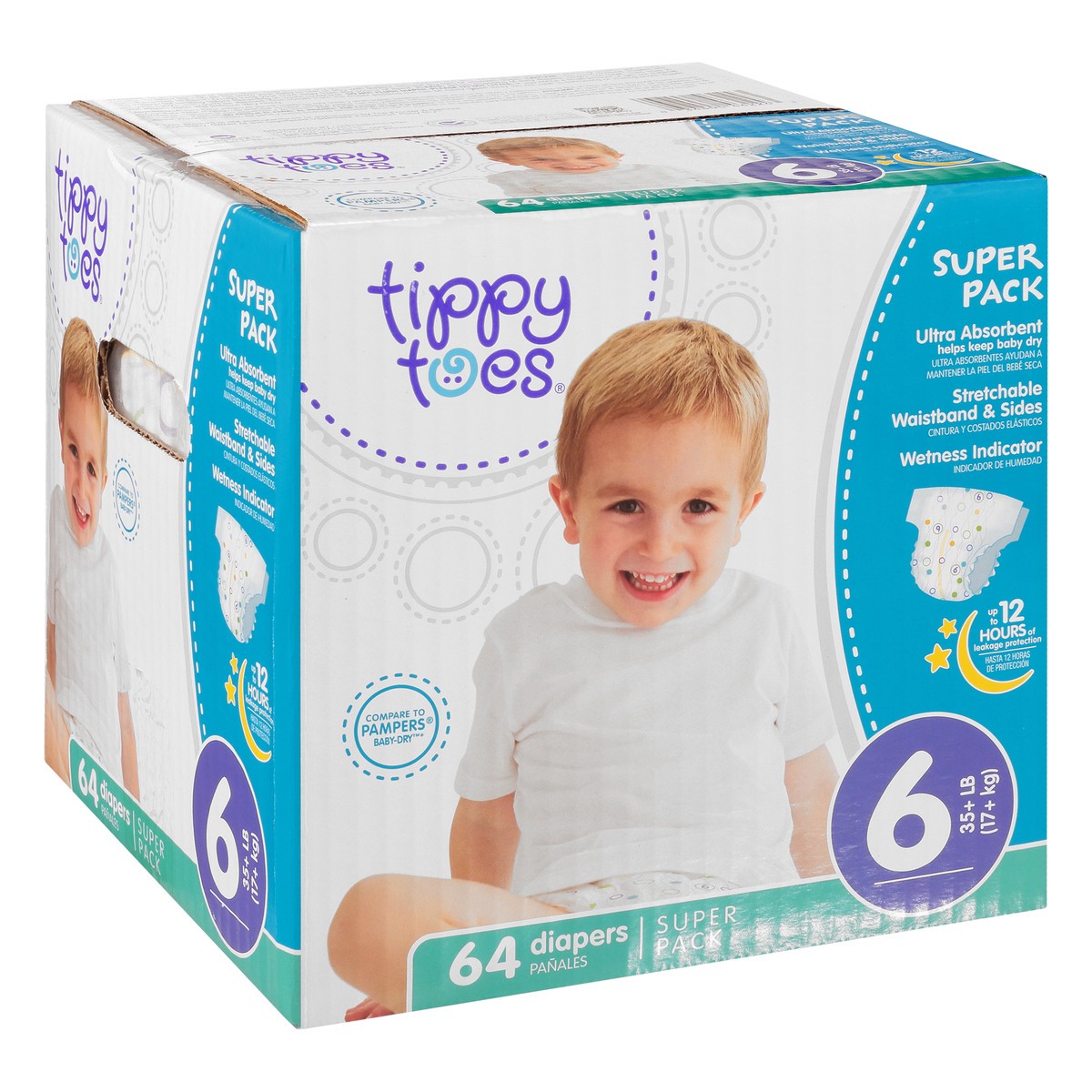 slide 2 of 8, Tippy Toes Diapers, 6 (35+ lb), Super Pack, 64 ct