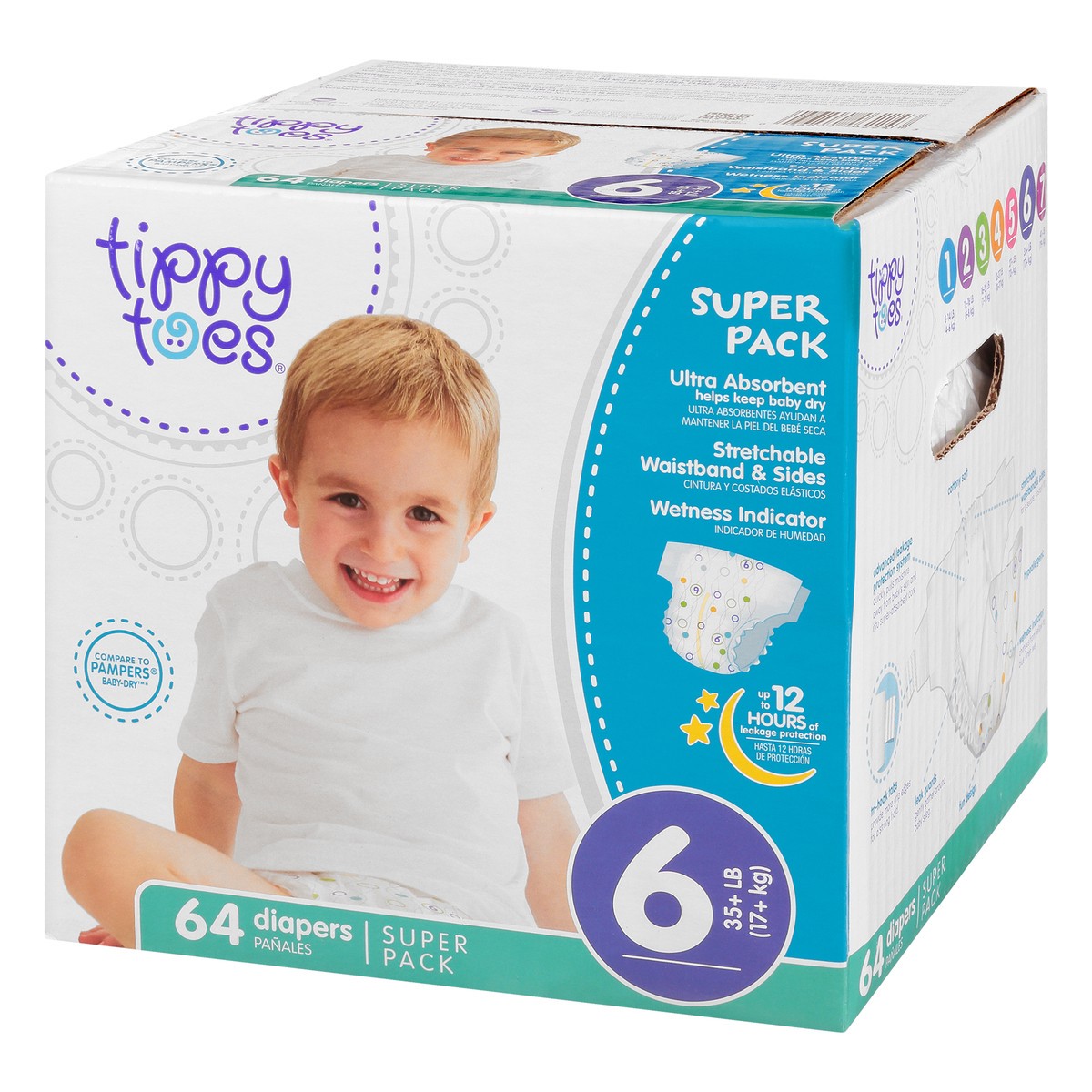 slide 3 of 8, Tippy Toes Diapers, 6 (35+ lb), Super Pack, 64 ct