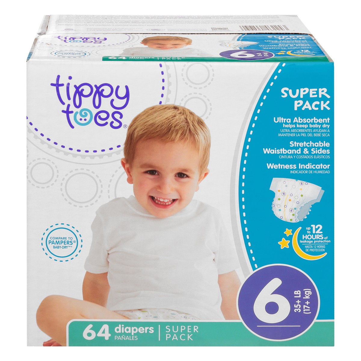 slide 1 of 8, Tippy Toes Diapers, 6 (35+ lb), Super Pack, 64 ct