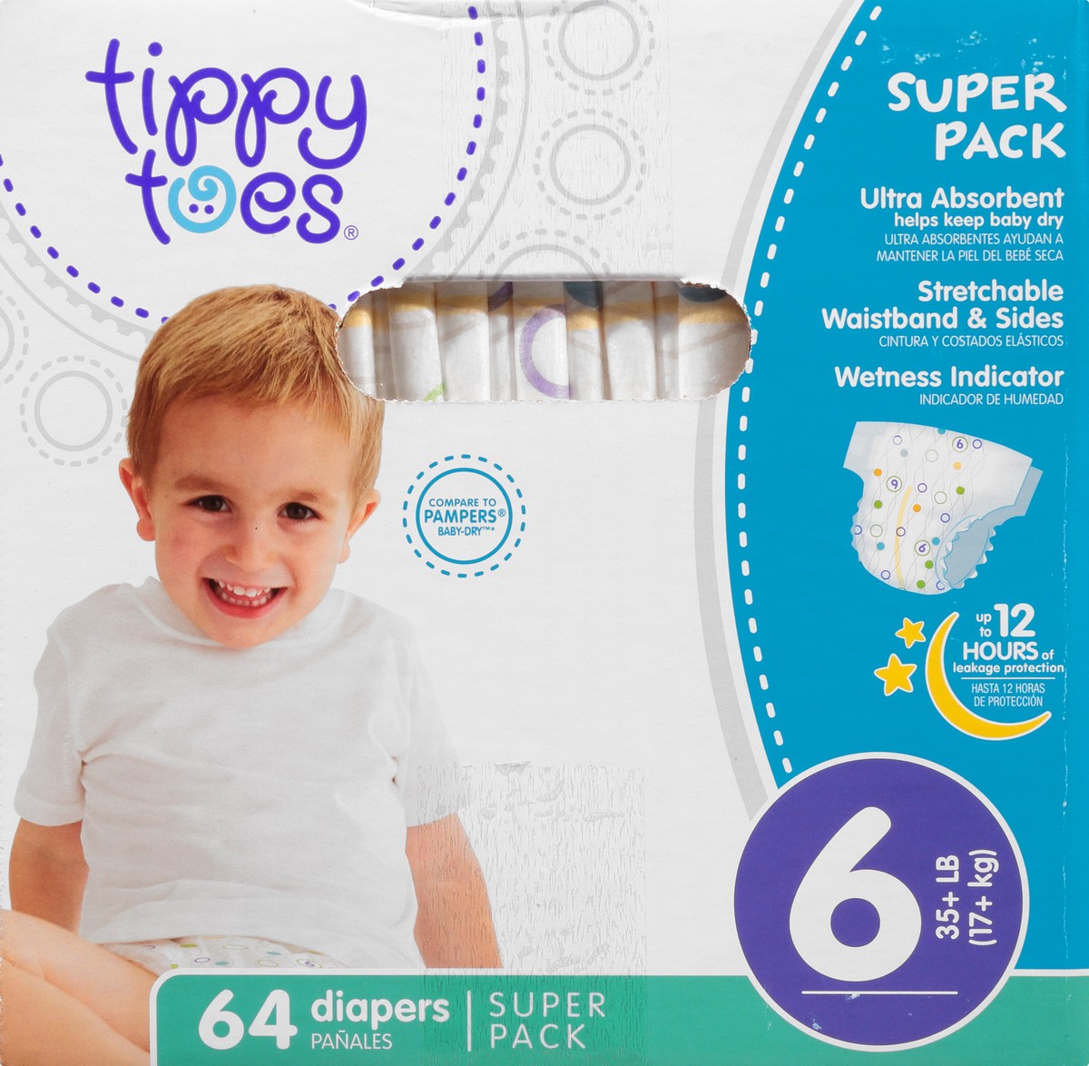 slide 5 of 8, Tippy Toes Diapers, 6 (35+ lb), Super Pack, 64 ct