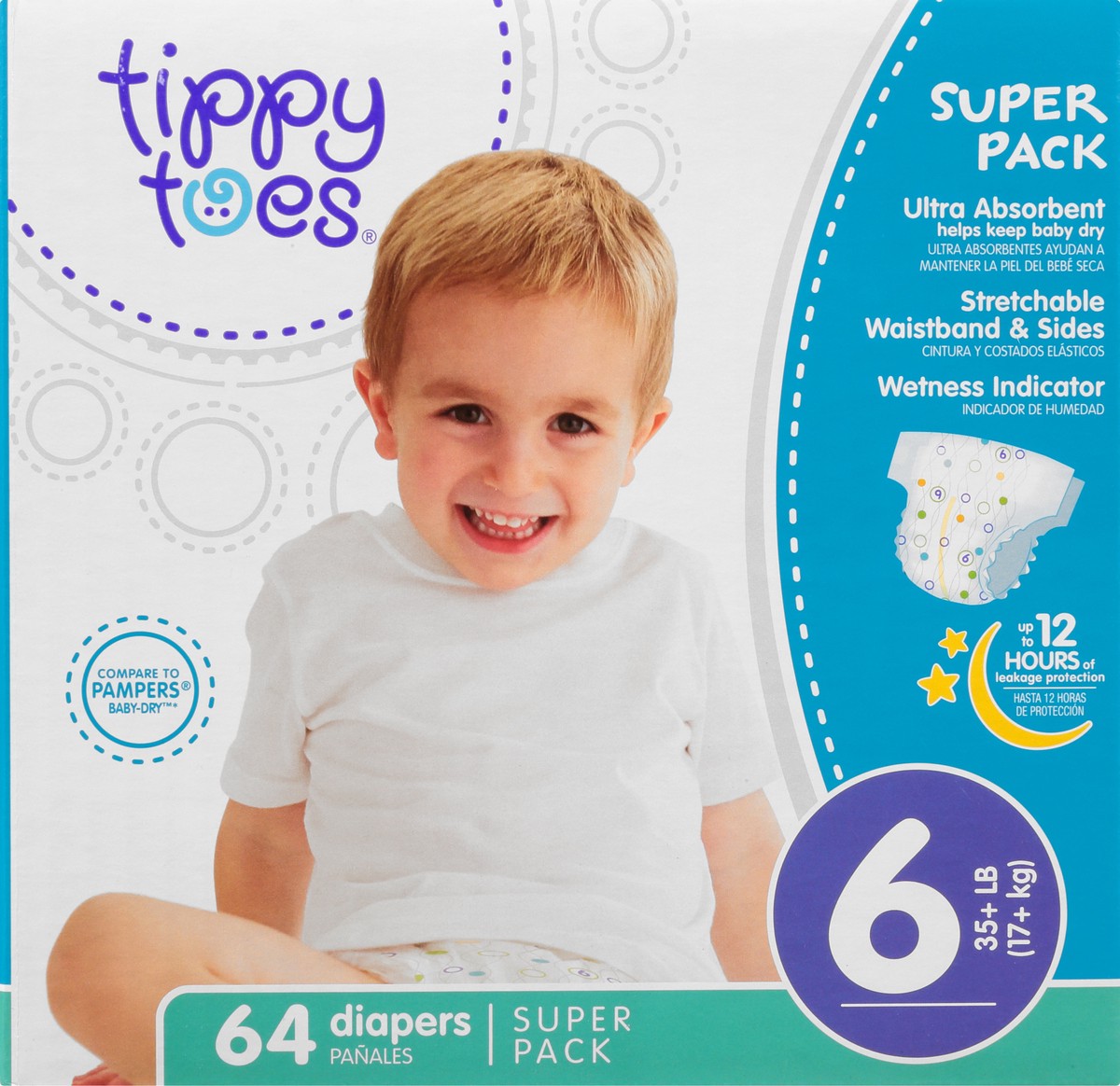 slide 7 of 8, Tippy Toes Diapers, 6 (35+ lb), Super Pack, 64 ct