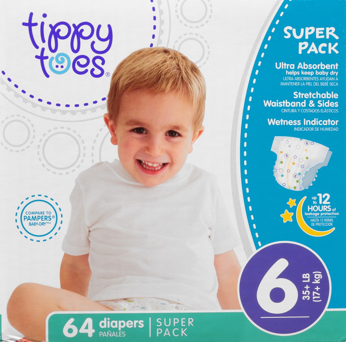 slide 8 of 8, Tippy Toes Diapers, 6 (35+ lb), Super Pack, 64 ct