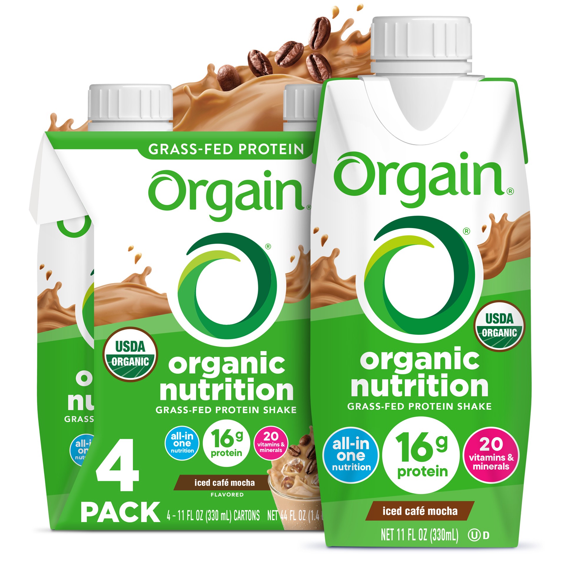 slide 1 of 7, Orgain Organic Nutrition Shake, Grass Fed Protein, Iced Café Mocha - 44 fl oz, 4 ct