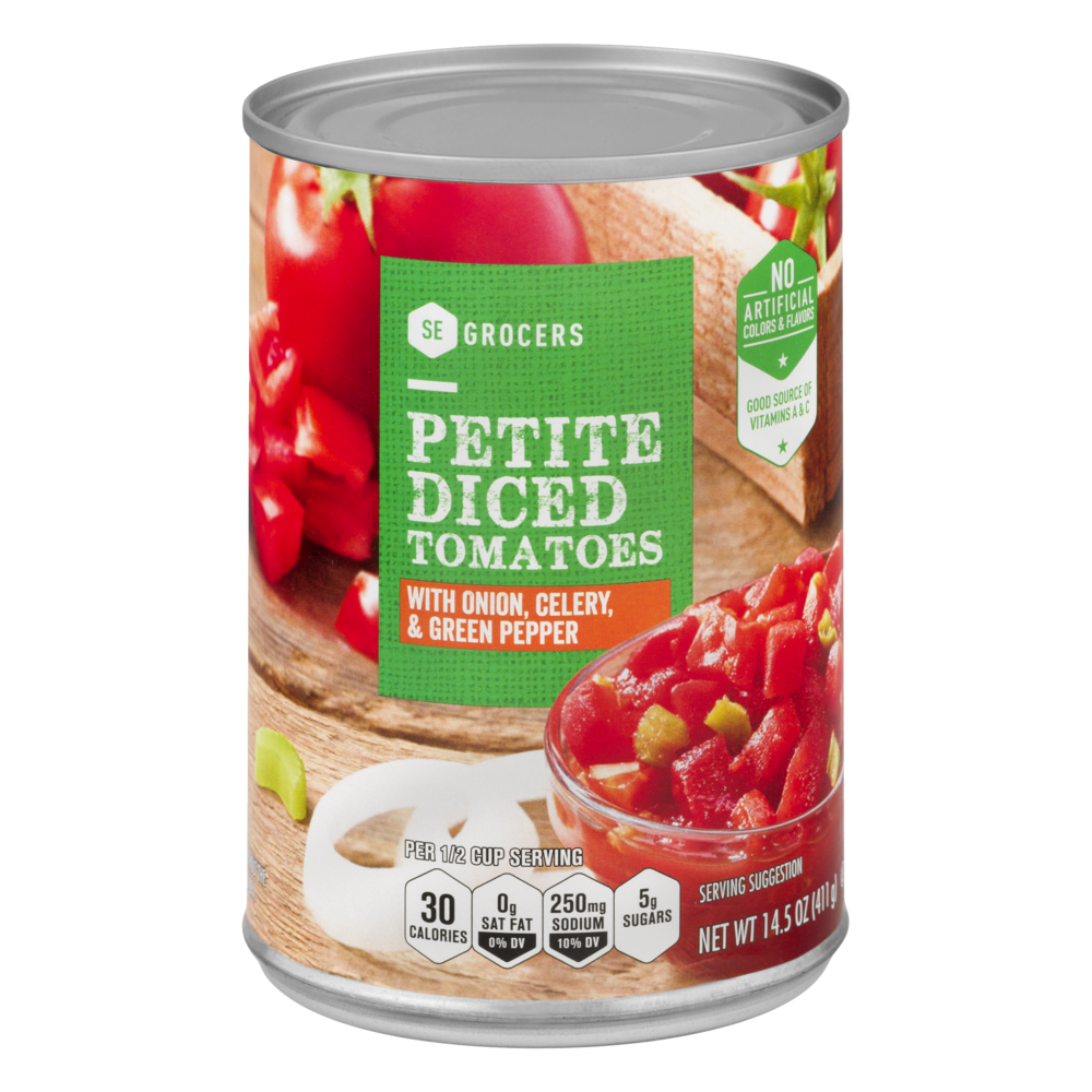 slide 1 of 1, SE Grocers Petite Diced Tomatoes with Onion, Celery, & Green Pepper, 14.5 oz