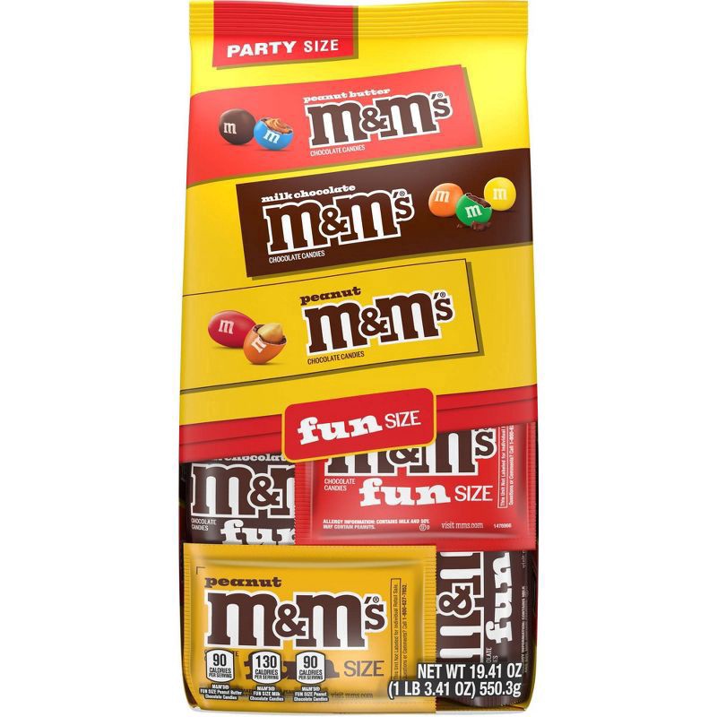 slide 1 of 8, M&M's Milk Chocolate, Peanut & Peanut Butter Candy Fun Size Variety Pack, Party Size - 19.41 Oz Bulk Bag, 19.4 oz