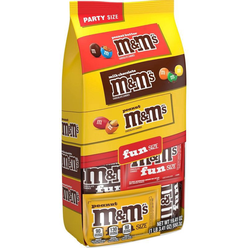 slide 3 of 8, M&M's Milk Chocolate, Peanut & Peanut Butter Candy Fun Size Variety Pack, Party Size - 19.41 Oz Bulk Bag, 19.4 oz