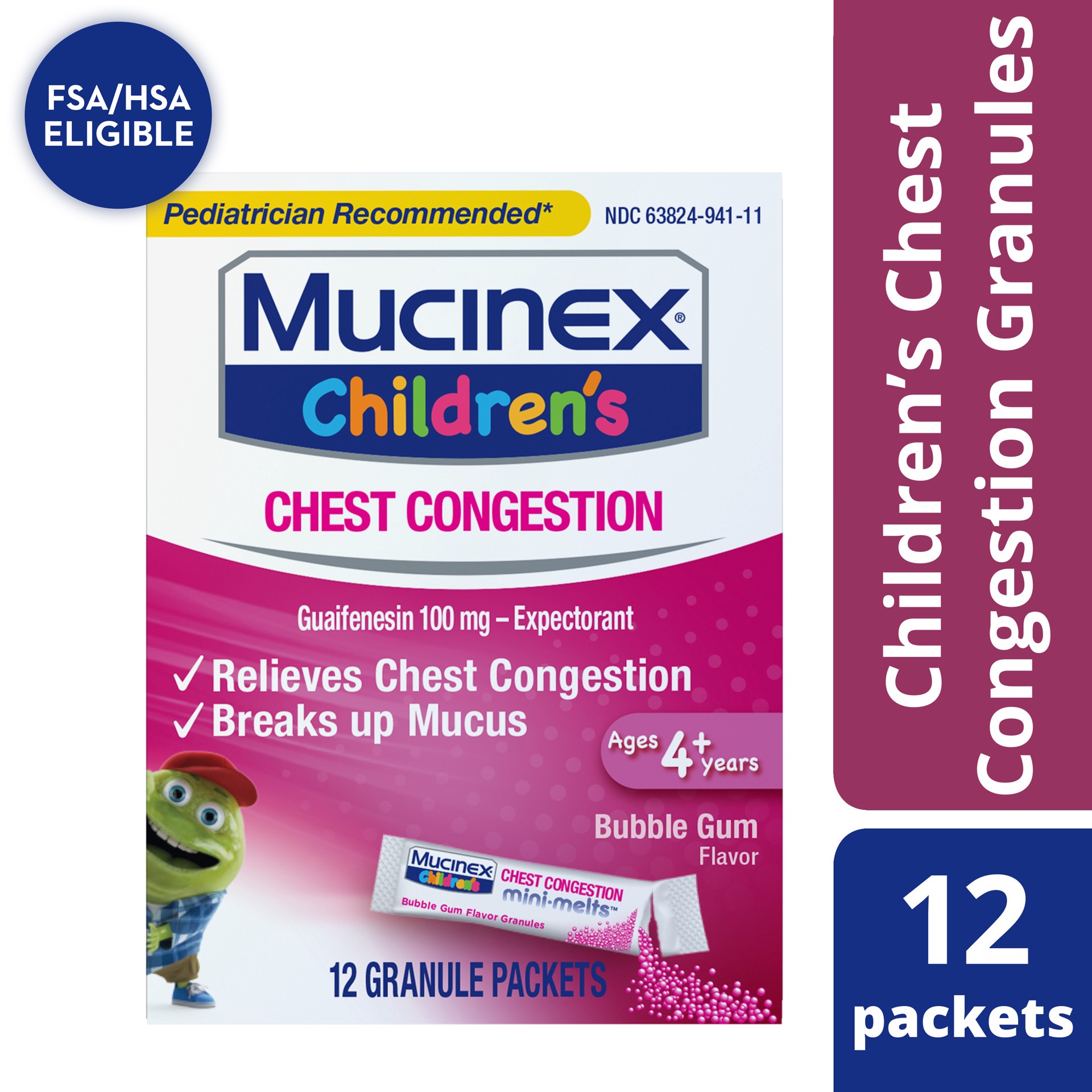 slide 1 of 5, Mucinex Children's Chest Congestion Expectorant Mini-Melts, Bubblegum, 12 Count, 12 ct