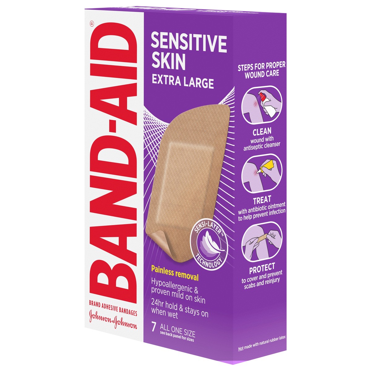 slide 3 of 8, BAND-AID Adhesive Bandages for Sensitive Skin, Hypoallergenic Bandages with Painless Removal, Stays on When Wet and Suitable for Eczema Prone Skin, Sterile, Extra Large Size, 7 ct, 7 ct