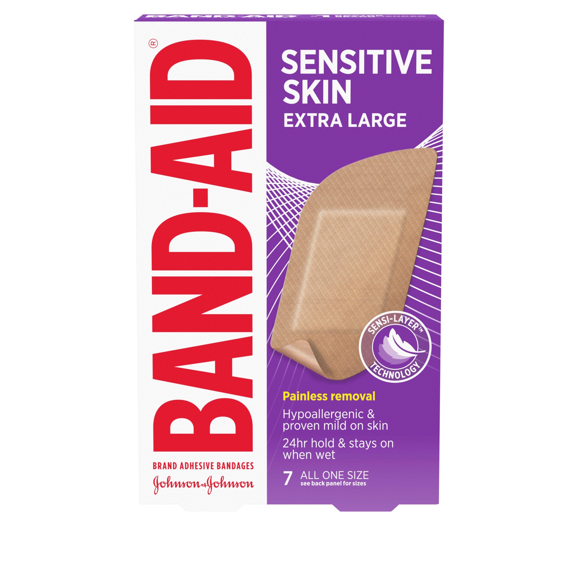 slide 1 of 8, BAND-AID Adhesive Bandages for Sensitive Skin, Hypoallergenic Bandages with Painless Removal, Stays on When Wet and Suitable for Eczema Prone Skin, Sterile, Extra Large Size, 7 ct, 7 ct