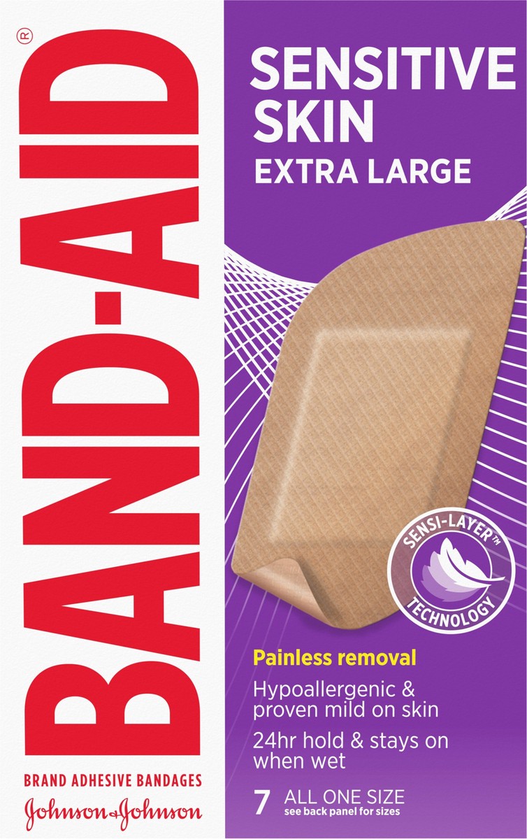slide 6 of 8, BAND-AID Adhesive Bandages for Sensitive Skin, Hypoallergenic Bandages with Painless Removal, Stays on When Wet and Suitable for Eczema Prone Skin, Sterile, Extra Large Size, 7 ct, 7 ct