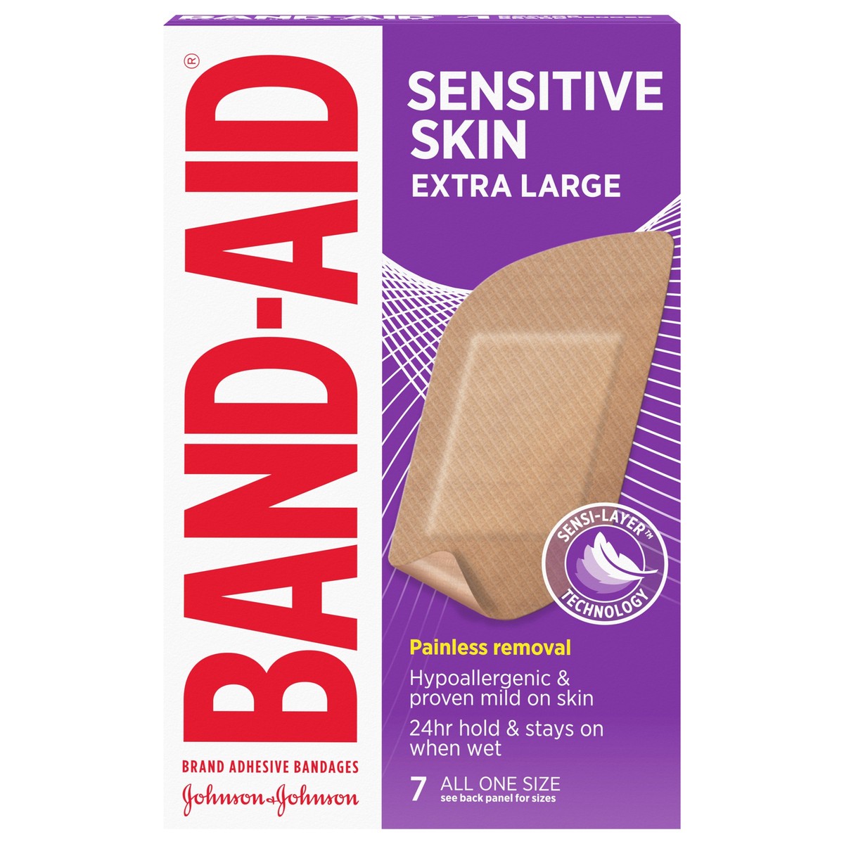 slide 1 of 8, BAND-AID Adhesive Bandages for Sensitive Skin, Hypoallergenic Bandages with Painless Removal, Stays on When Wet and Suitable for Eczema Prone Skin, Sterile, Extra Large Size, 7 ct, 7 ct