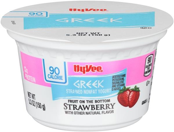 slide 1 of 1, Hy-vee Strawberry Fruit On The Bottom Greek Strained Nonfat Yogurt, 5.3 oz