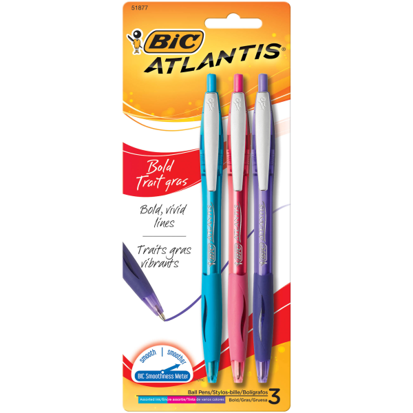 slide 1 of 3, BIC Atlantis Bold Retractable Ballpoint Fashion Pens, Medium Point, 1.6 Mm, Assorted Colors, Pack Of 3, 3 ct