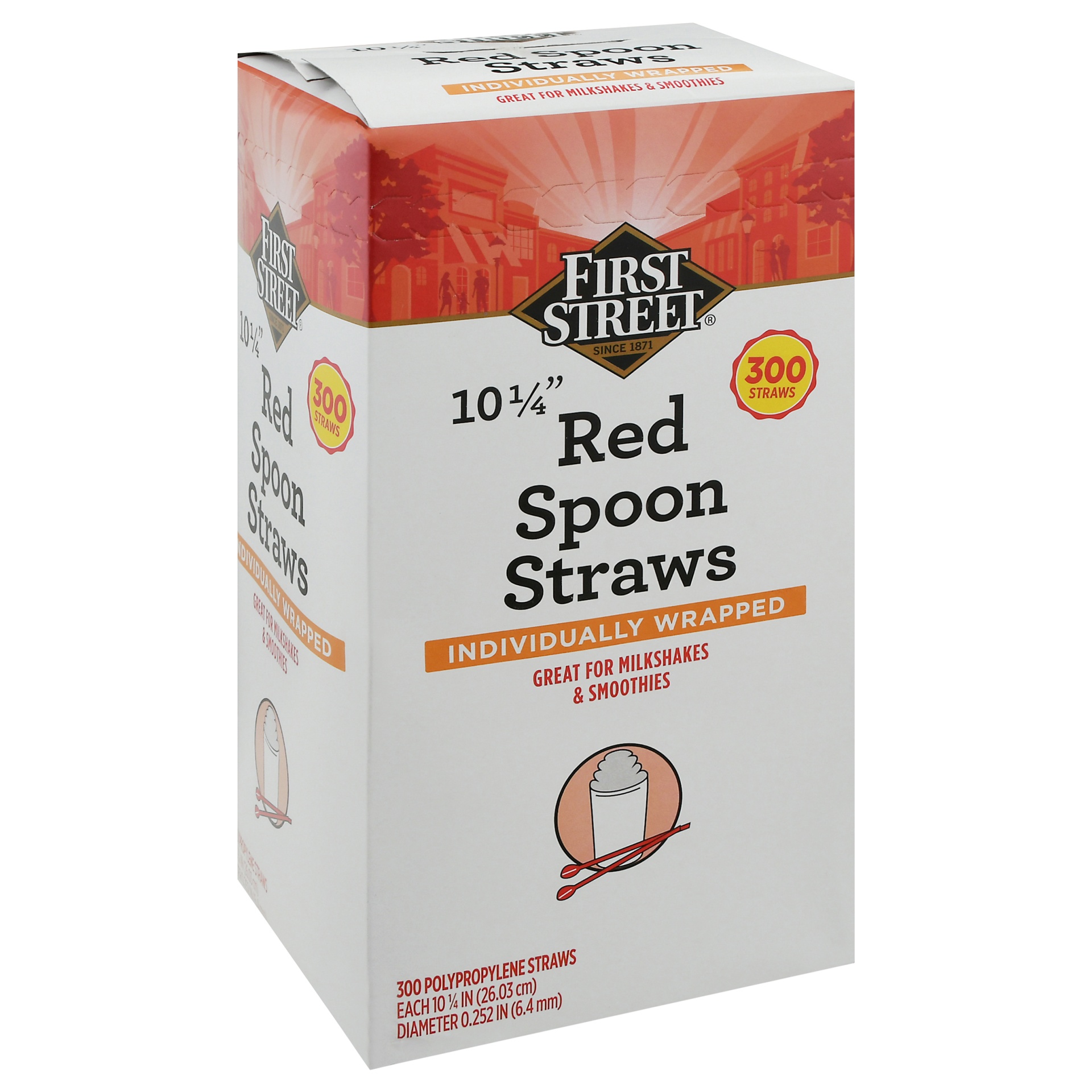 slide 1 of 1, First Street 10 1/4 In Red Wrapped Spoon Straws, 300 ct