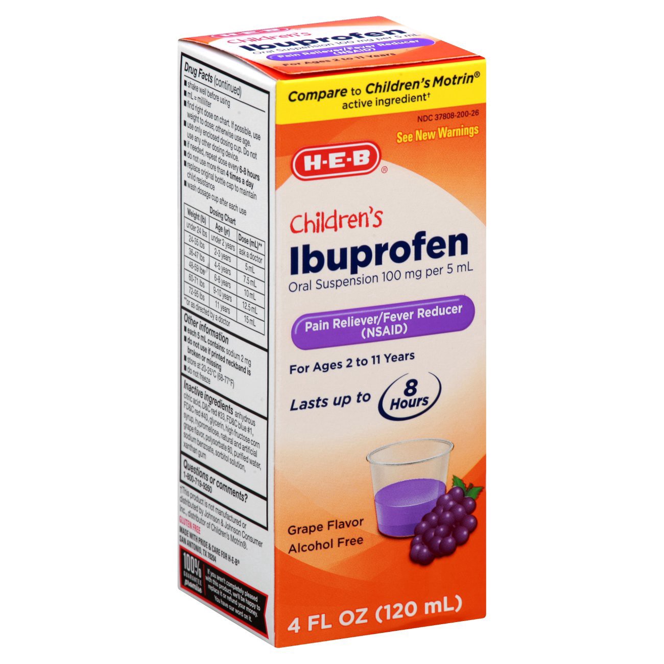 slide 1 of 1, H-E-B Children's Ibuprofen Oral Suspension 100 Mg Grape Flavor, 4 oz