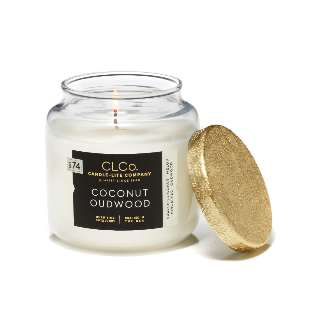 slide 1 of 1, Candle-Lite CLCo Coconut Oudwood Scented Candle with Textured Metal Lid, 14 oz