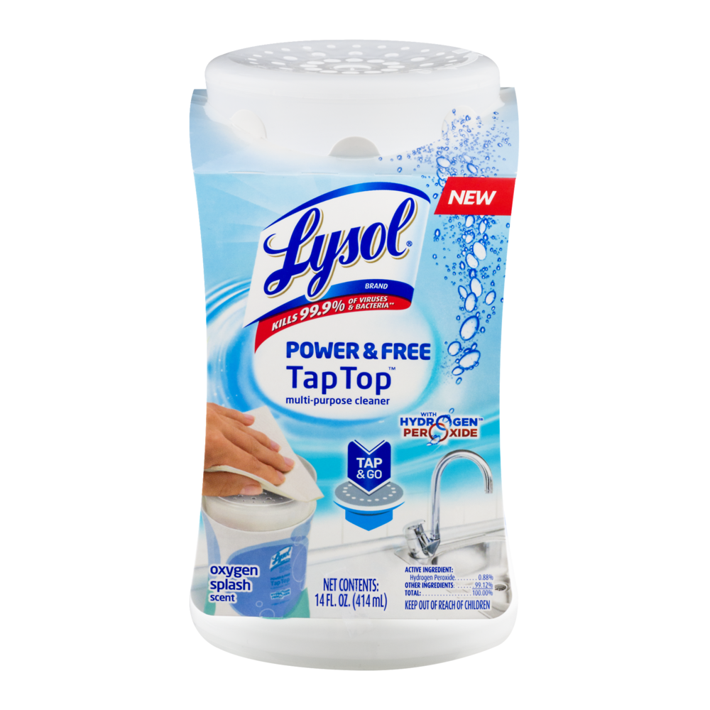 slide 1 of 1, Lysol Power & Free Tap Top Multi Purpose Oxygen Splash Scent Cleaner Pump, 14 oz