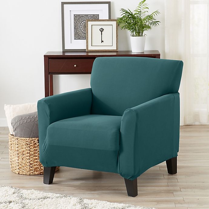 slide 1 of 3, Great Bay Home Seneca Velvet Strapless Chair Slipcover - Teal, 1 ct