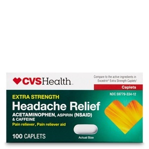 slide 1 of 1, CVS Health Extra Strength Headache Relief Coated Acetaminophen Caplets, 100 Ct, 100 ct