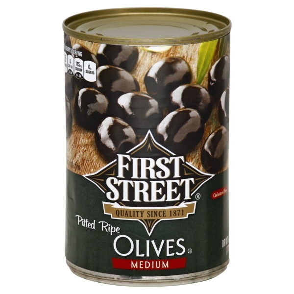 slide 1 of 1, First Street Medium Pitted Ripe Olives, 6 oz