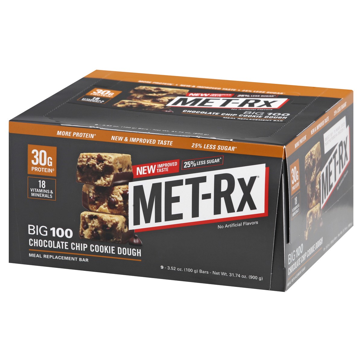 slide 4 of 13, MET-Rx Big 100 Chocolate Chip Cookie Dough Meal Replacement Bar 9 ea, 9 ct