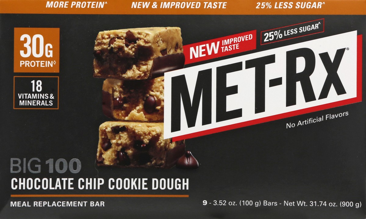 slide 6 of 13, MET-Rx Big 100 Chocolate Chip Cookie Dough Meal Replacement Bar 9 ea, 9 ct