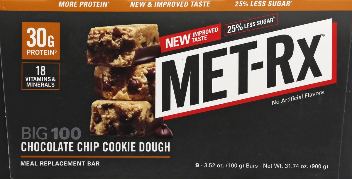 slide 7 of 13, MET-Rx Big 100 Chocolate Chip Cookie Dough Meal Replacement Bar 9 ea, 9 ct