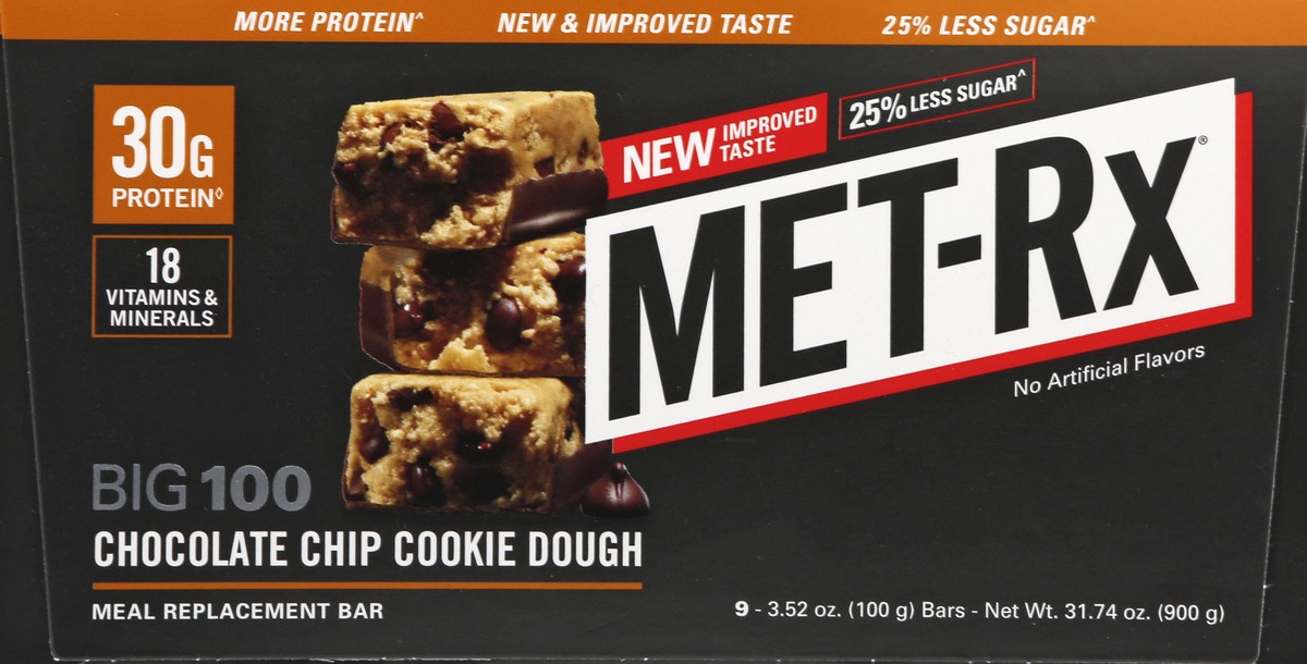 slide 8 of 13, MET-Rx Big 100 Chocolate Chip Cookie Dough Meal Replacement Bar 9 ea, 9 ct