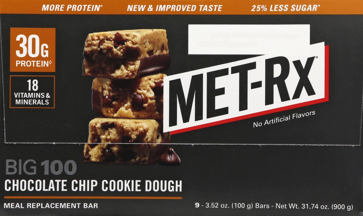 slide 9 of 13, MET-Rx Big 100 Chocolate Chip Cookie Dough Meal Replacement Bar 9 ea, 9 ct