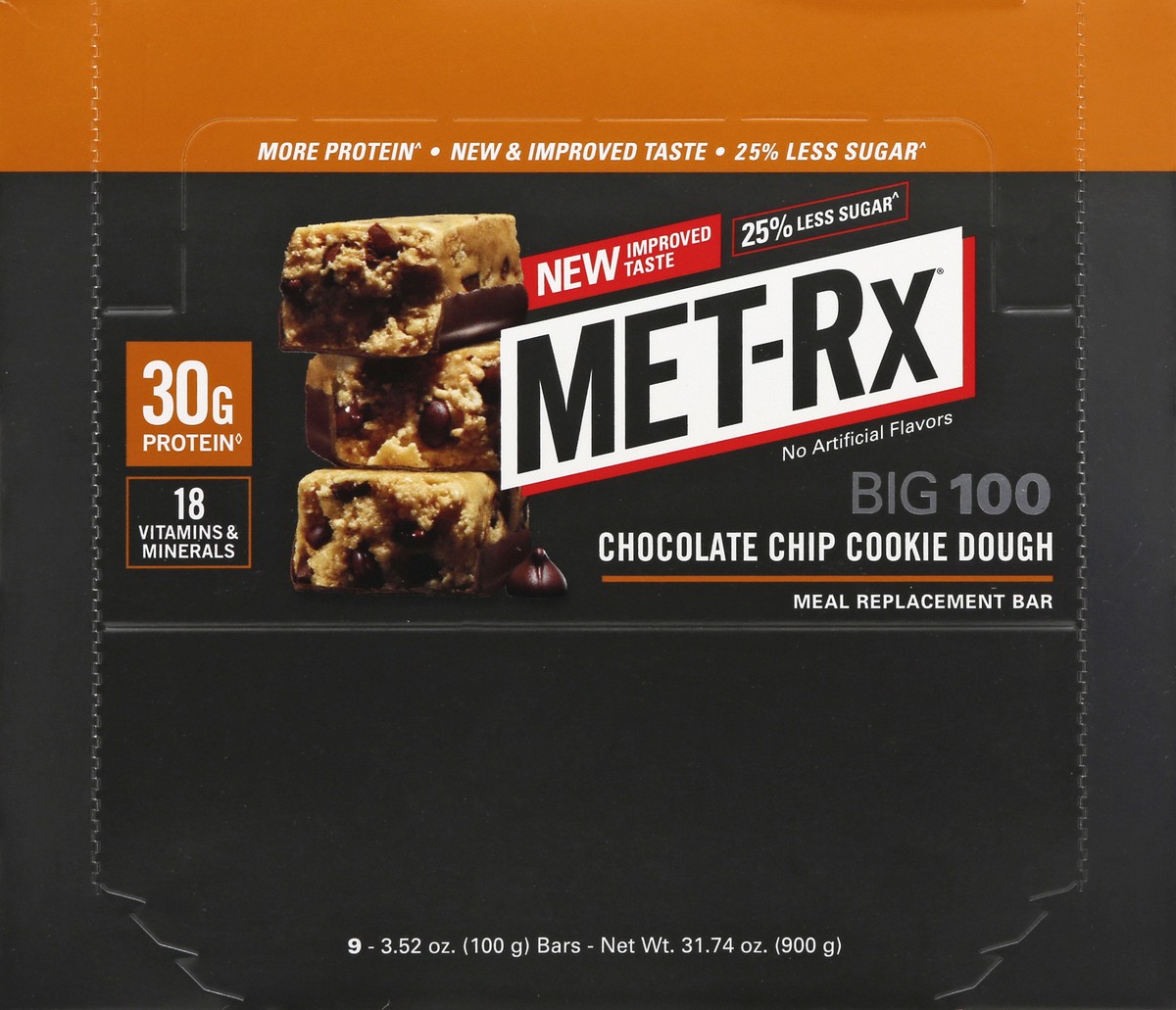 slide 10 of 13, MET-Rx Big 100 Chocolate Chip Cookie Dough Meal Replacement Bar 9 ea, 9 ct