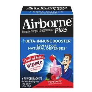 slide 1 of 1, Airborne Plus Beta-Immune Booster Very Berry Powder Packets, 7 Ct - Vitamin C Immune Support Supplement, 7 ct