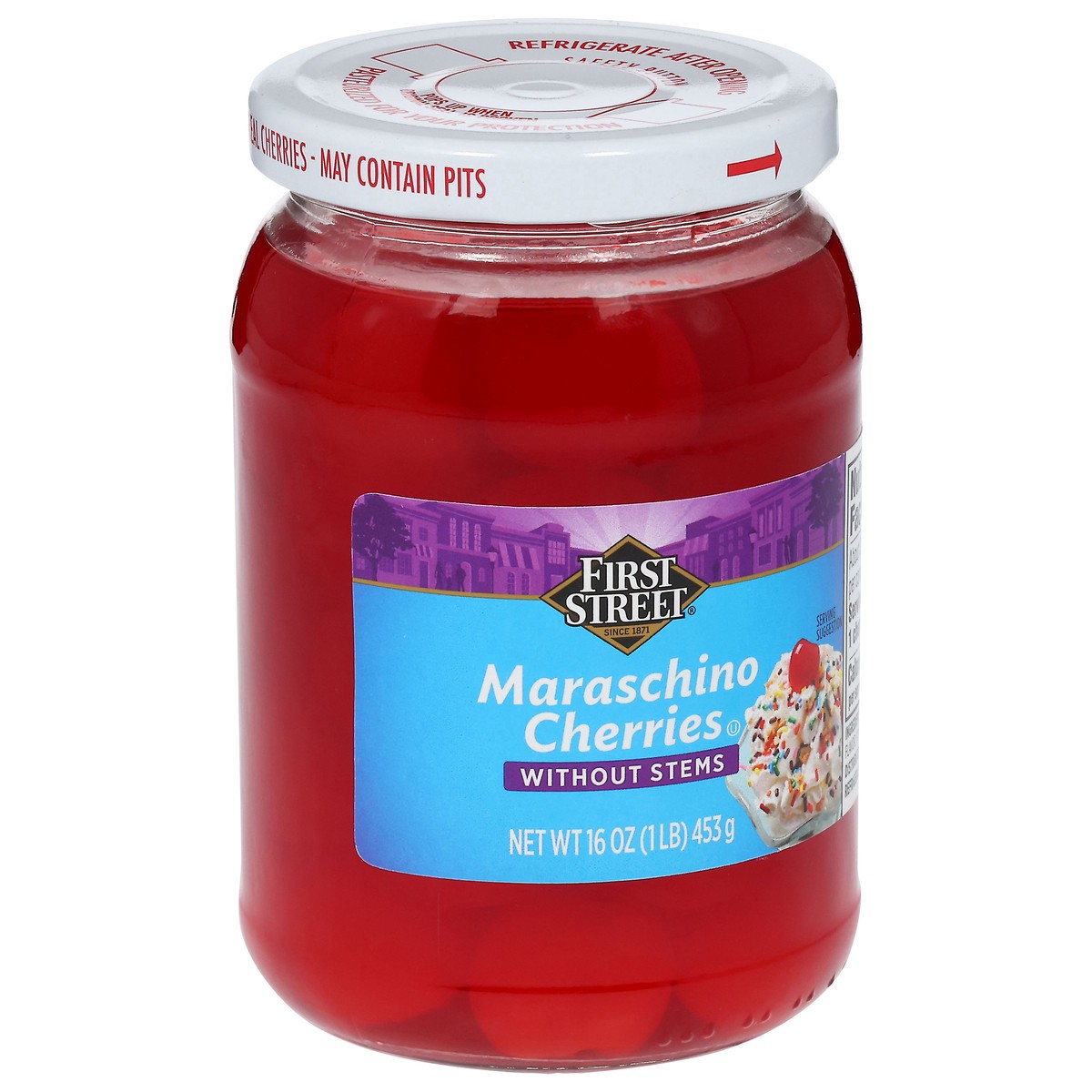 slide 12 of 13, First Street Maraschino Cherries Without Stems, 16 oz