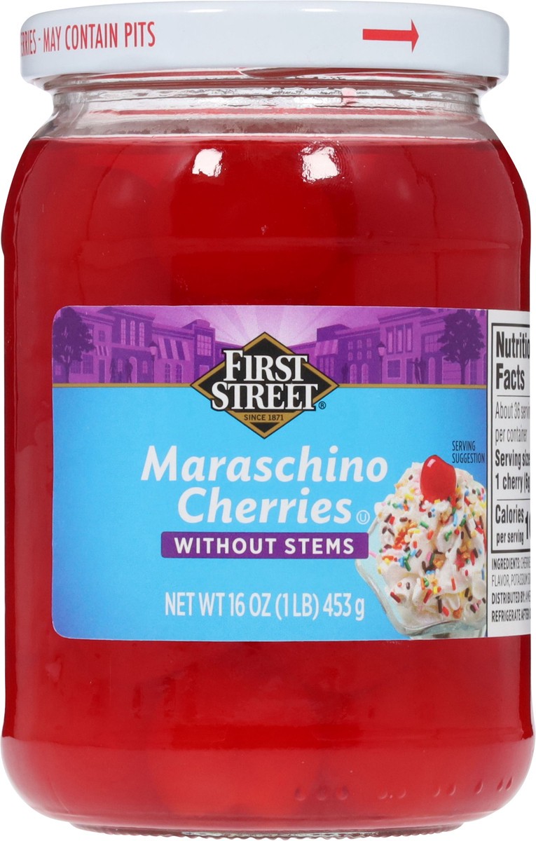 slide 13 of 13, First Street Maraschino Cherries Without Stems, 16 oz