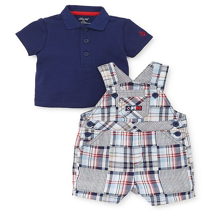 slide 1 of 2, Little Me Newborn Collared Shirt and Madras Plaid Shortall Set, 2 ct