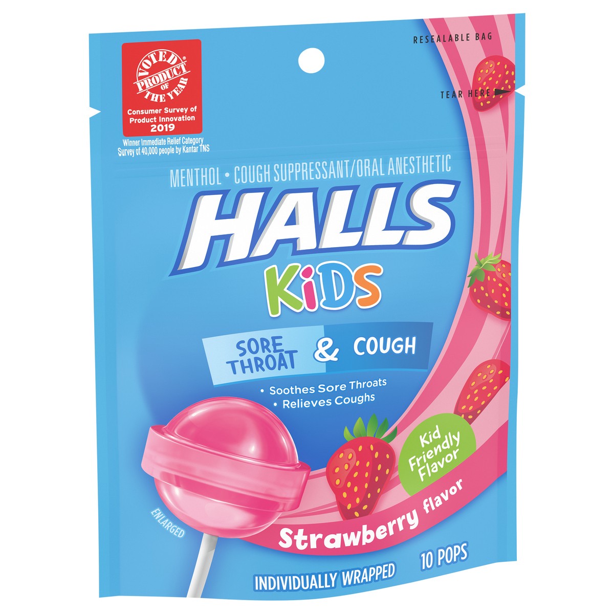 slide 7 of 9, HALLS KIDS Strawberry Cough and Sore Throat Pops, 10 Pops, 0.13 lb
