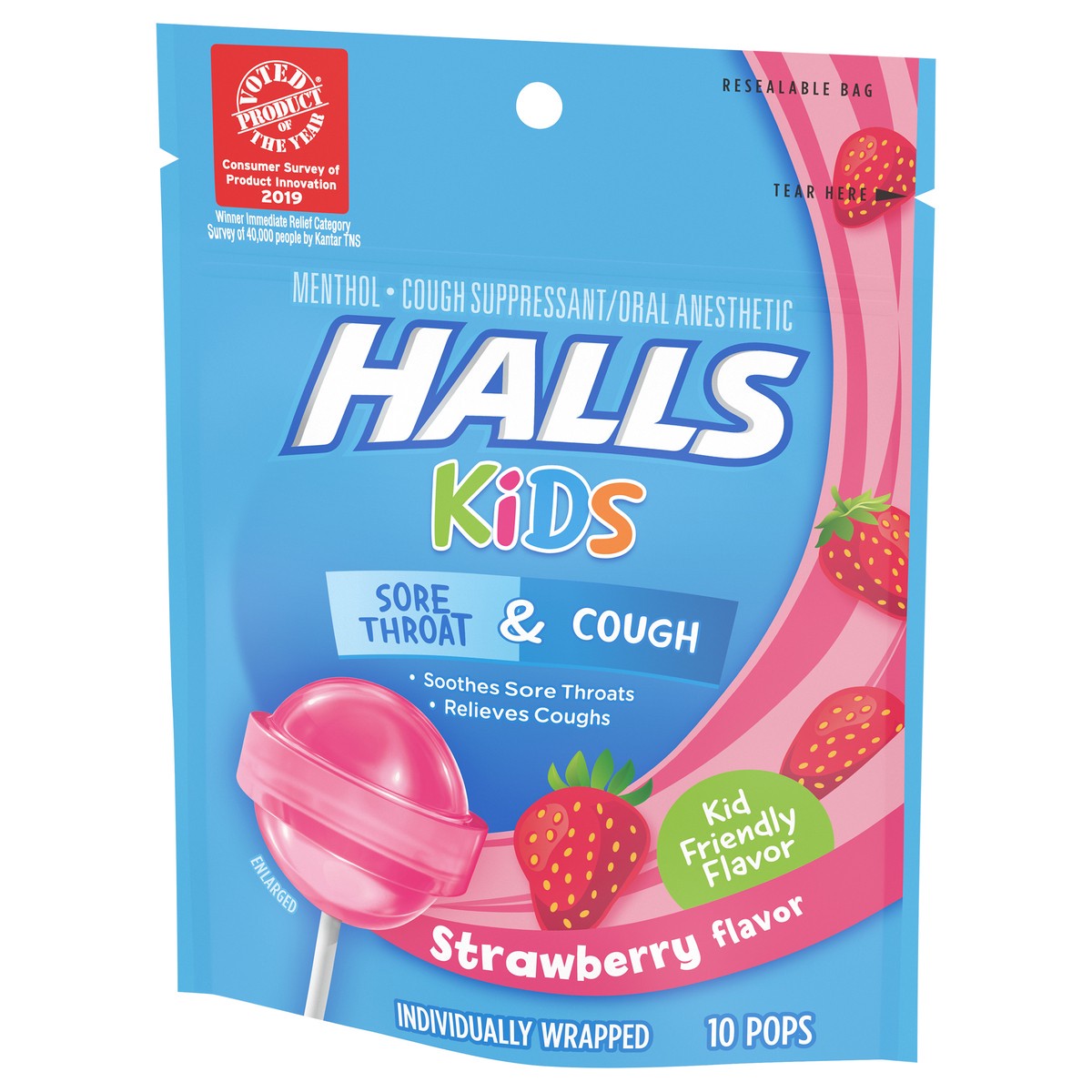 slide 6 of 9, HALLS KIDS Strawberry Cough and Sore Throat Pops, 10 Pops, 0.13 lb