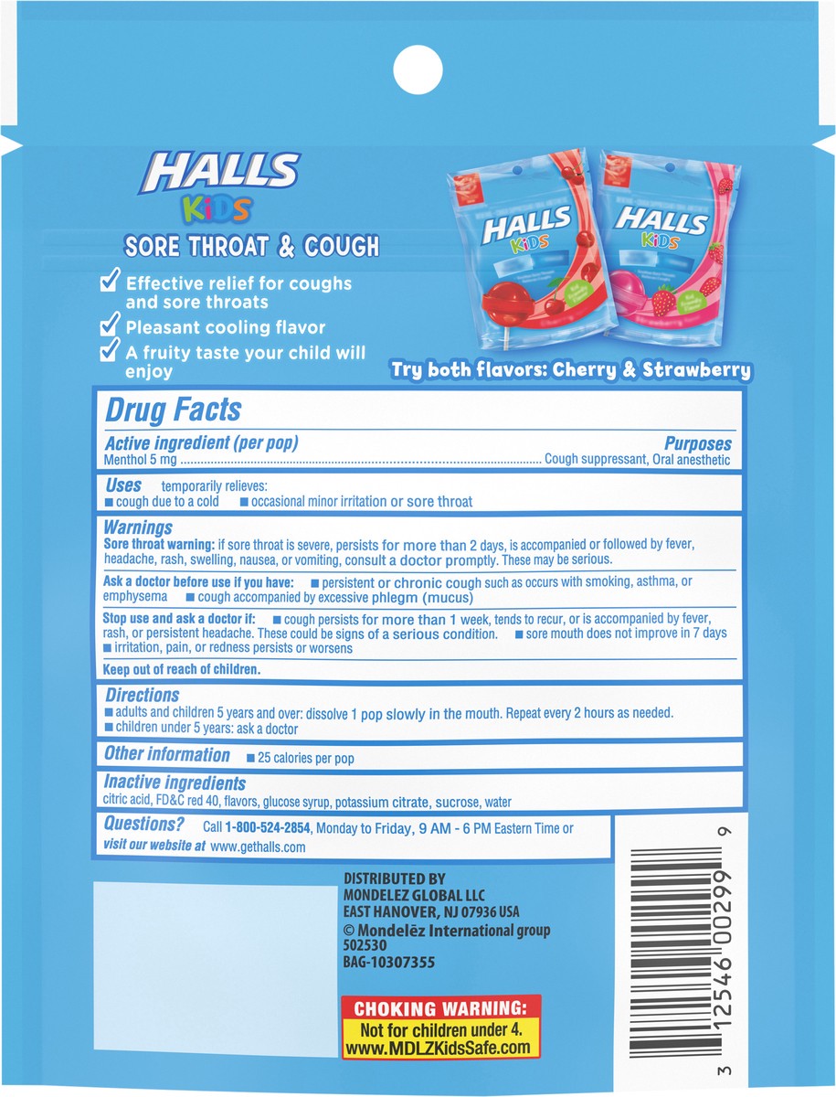 slide 8 of 9, HALLS KIDS Strawberry Cough and Sore Throat Pops, 10 Pops, 0.13 lb
