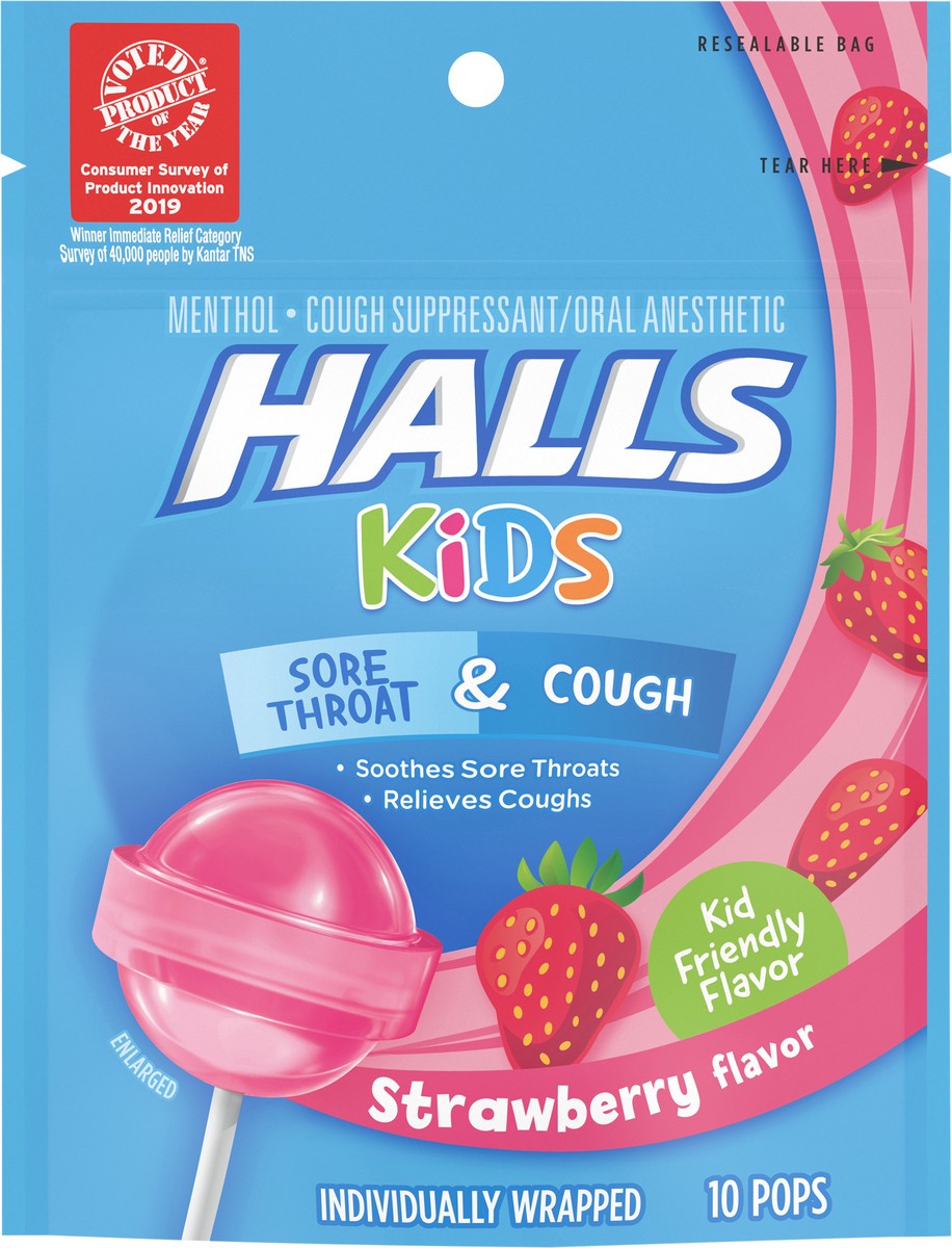slide 2 of 9, HALLS KIDS Strawberry Cough and Sore Throat Pops, 10 Pops, 0.13 lb