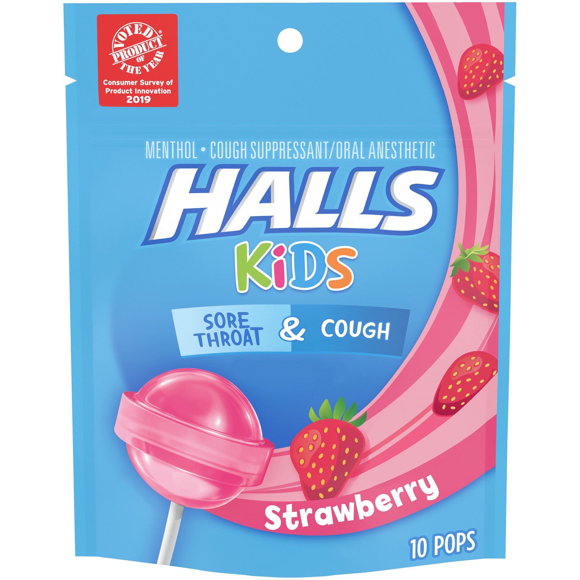 slide 1 of 9, HALLS KIDS Strawberry Cough and Sore Throat Pops, 10 Pops, 0.13 lb