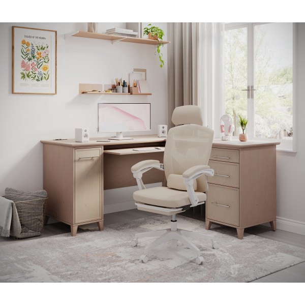 slide 2 of 10, Realspace Vallori Mesh/Fabric High-Back Chair With Retractable Footrest, Cream/White, 1 ct