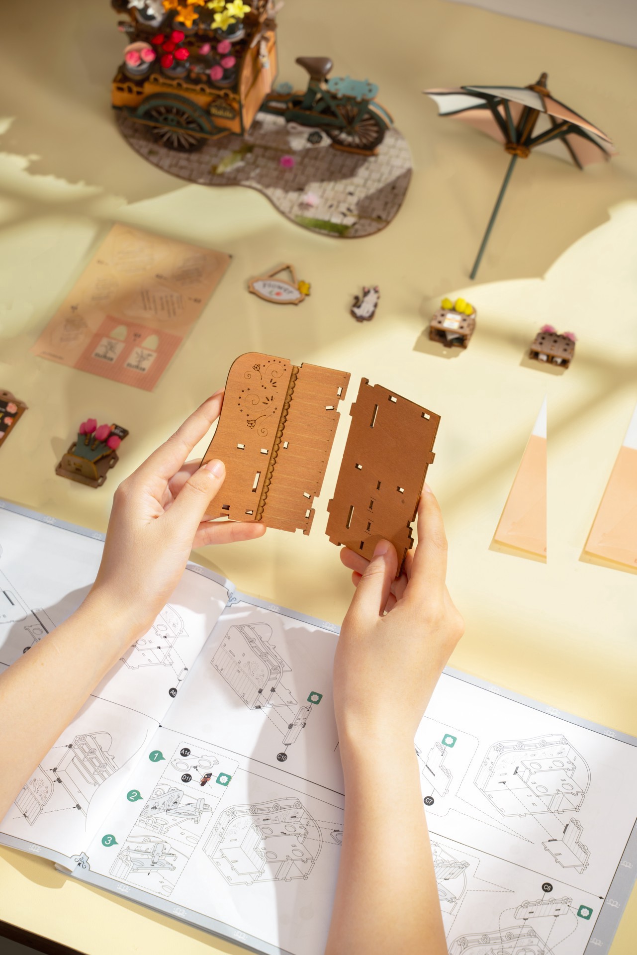 slide 9 of 10, Robotime Rolife Blossom Cart 3d Puzzle Creation Set, 8.27 in x 6.42 in x 9.53 in