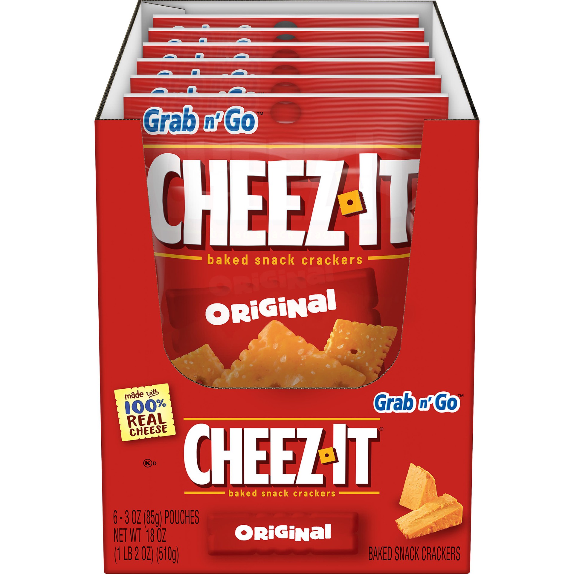 slide 1 of 5, Cheez-It Cheese Crackers, Baked Snack Crackers, Office and Kids Snacks, Original, 18oz Box, 6 Pouches, 18 oz