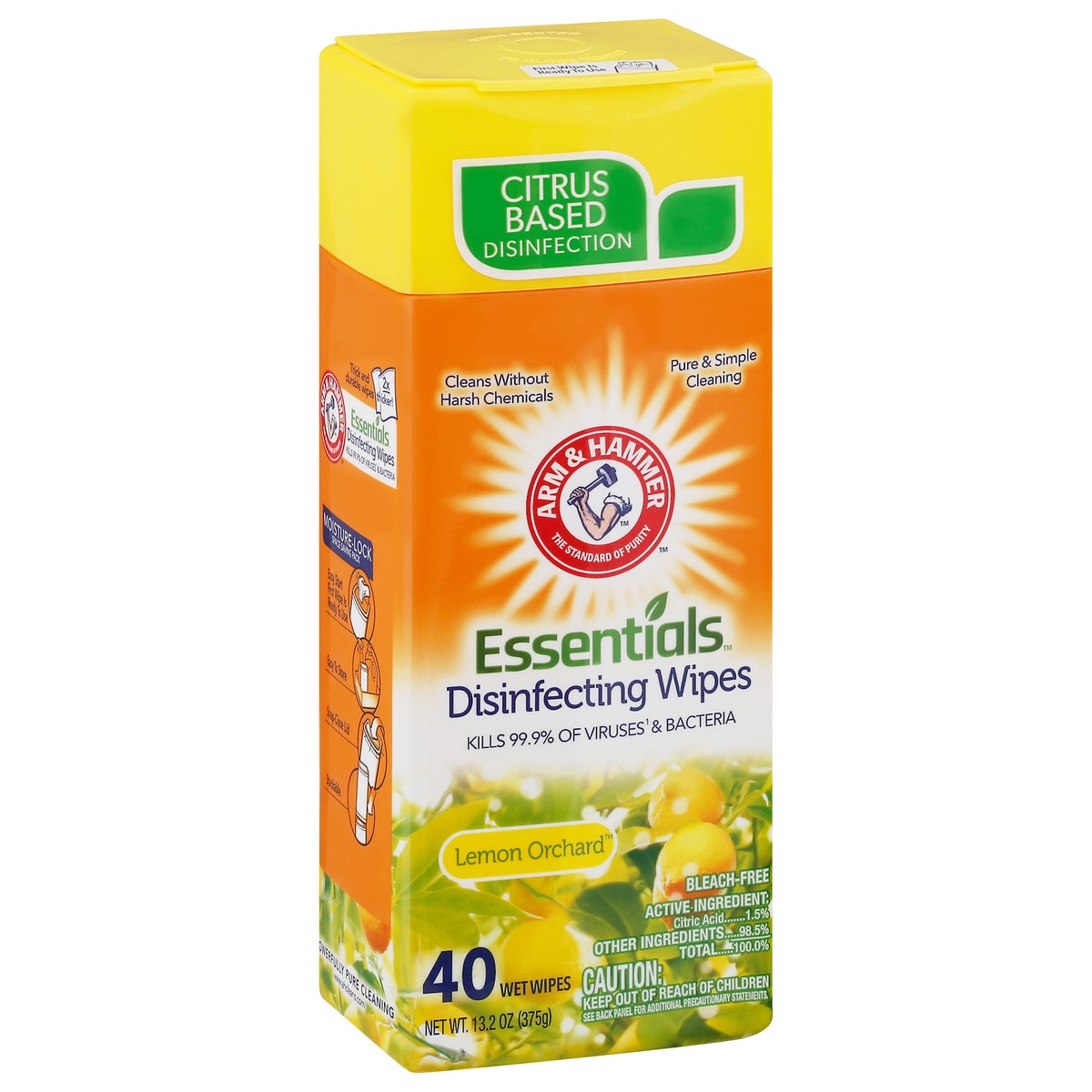 slide 2 of 9, ARM & HAMMER Arm & Ham Essentials Disinfecting Wipes Lemon Orchard, 40 ct