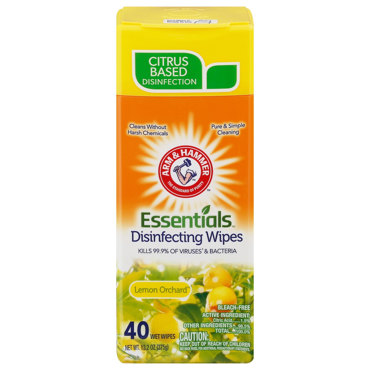 slide 1 of 9, ARM & HAMMER Arm & Ham Essentials Disinfecting Wipes Lemon Orchard, 40 ct