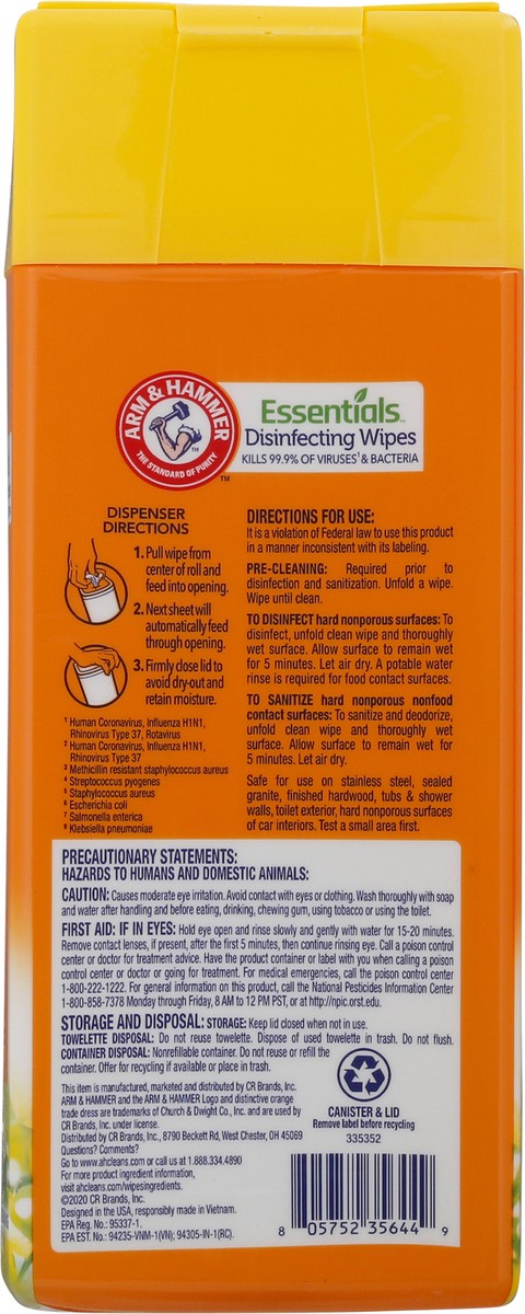 slide 5 of 9, ARM & HAMMER Arm & Ham Essentials Disinfecting Wipes Lemon Orchard, 40 ct