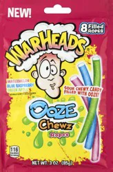 Warheads Ooze Chewz Ropes Watermelon/Blue Raspberry/Green Apple Candy, 8 ea