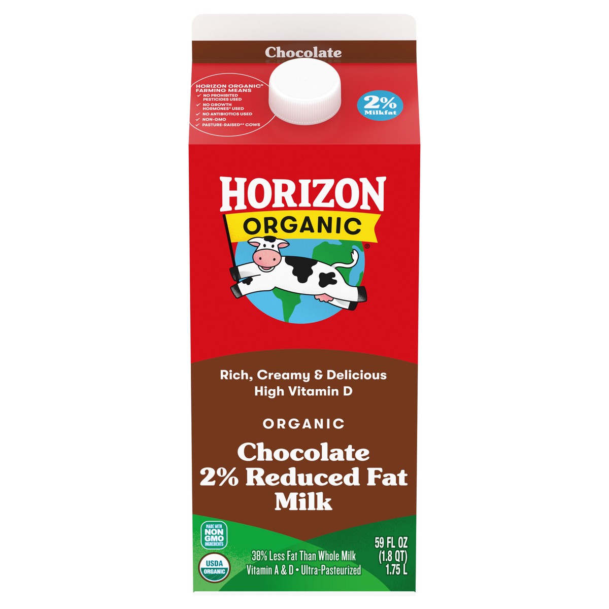 slide 1 of 5, Horizon Organic Milk, 2% Reduced Fat Organic Chocolate Milk, 59 FL OZ Half Gallon Carton, 1 ct