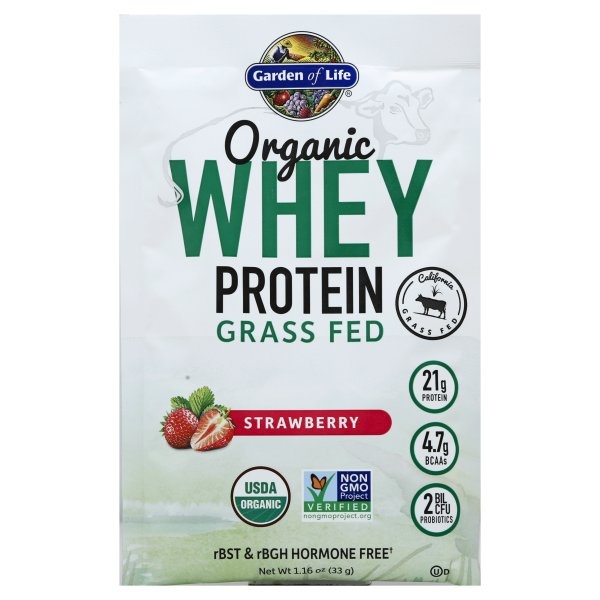 slide 1 of 1, Garden of Life Protein Whey Organic Grass Fed Strawberry Packet, 1.16 oz