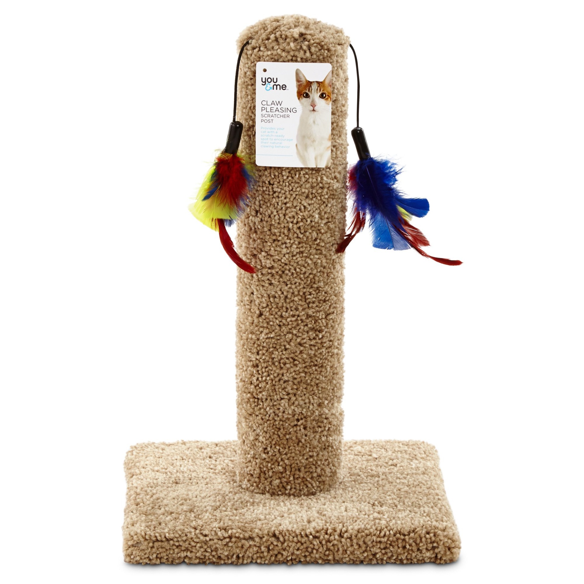 slide 1 of 1, You & Me Cat Scratch Post with Feather Toys, 17.5 in